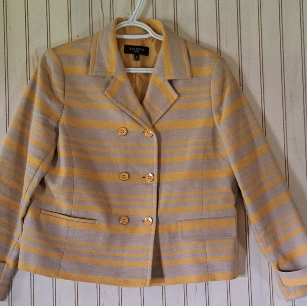 Ladies Talbot's Jacket Yellow Stripe Linen Blend Double Breasted Blazer 10 Pet